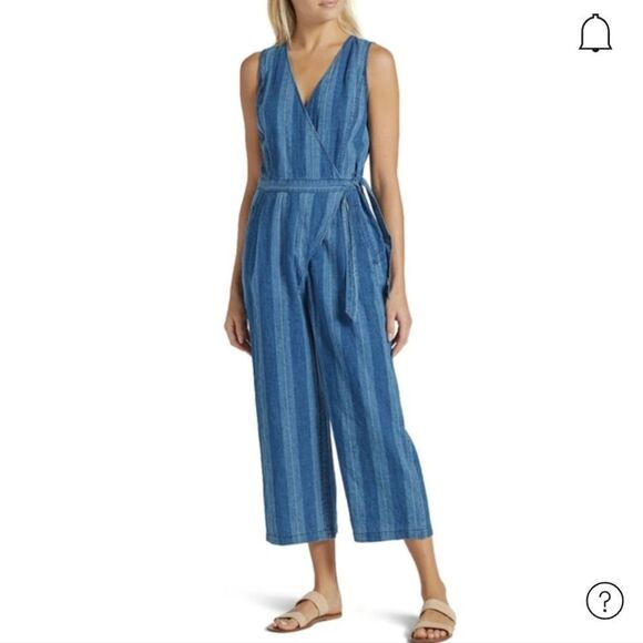 JOIE Xenia Cropped Striped Linen And Cotton-blend Wrap Jumpsuit In Ocean - Picture 2 of 14